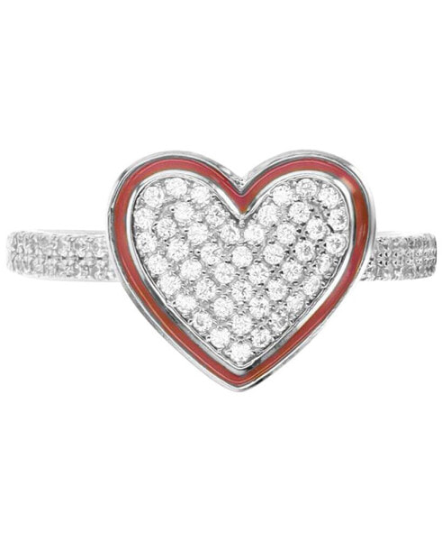 Cubic Zirconia Pavé & Enamel Frame Heart Ring in Sterling Silver