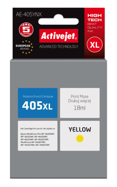 Activejet AE-405YNX ink (replacement for Epson 405XL C13T05H44010; Supreme; 18ml; yellow) - High (XL) Yield - Dye-based ink - 18 ml - 1100 pages - 1 pc(s) - Single pack