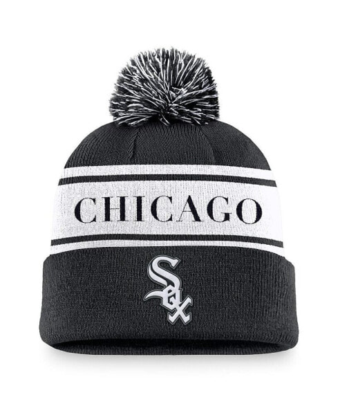 Men's Black Chicago White Sox Team Stripe Peak Cuffed Knit Hat with Pom