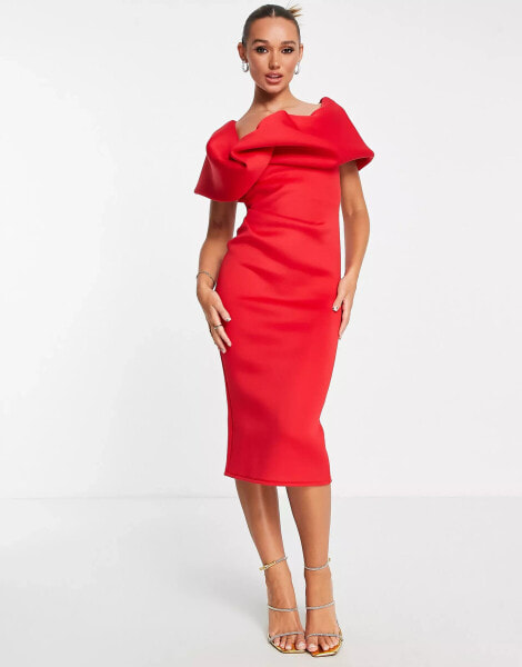 ASOS DESIGN – Midi-Bleistiftkleid in Rot mit One-Shoulder-Träger und bauschigem Detail