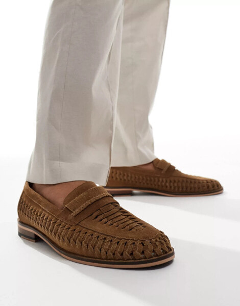 Walk London Wes Slip On Mules Weave Loafers In Tan Suede