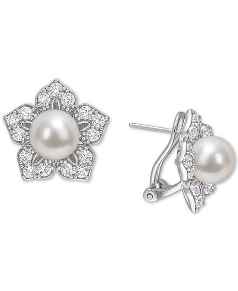 Cultured Freshwater Pearl (8-1/2mm) & Lab-Created White Sapphire (2-3/4 ct. t.w.) Flower Stud Earrings in Sterling Silver