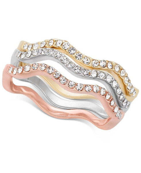 Tri-Tone Silver, Gold Plated, 18K Rose Gold Plated 3-Pc. Set Pavé Wavy Rings, Created for Macy's