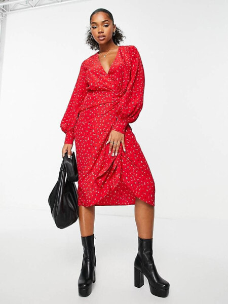 Glamorous long sleeve fitted wrap dress in multi red ditsy floral