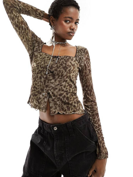 Reclaimed Vintage square neck mesh top with bows in leopard print