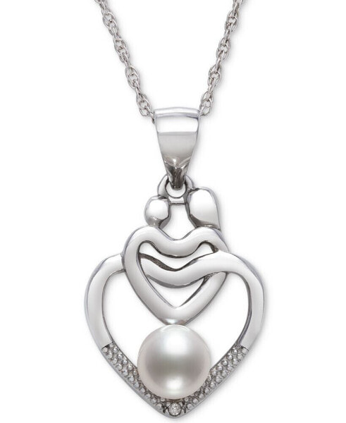 Cultured Freshwater Pearl (5mm) & Diamond Accent Mother & Child Heart 18" Pendant Necklace in Sterling Silver