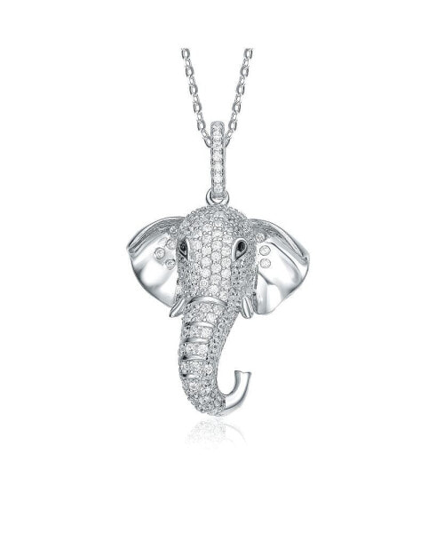 Rhodium-Plated with Cubic Zirconia Iced Out Lucky Elephant Head Pendant Necklace in Sterling Silver