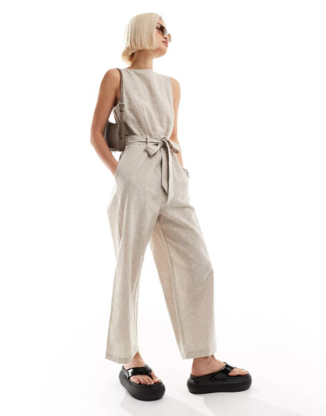 Monki linen sleeveless jumpsuit with tie belt detail in beige