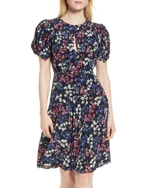 Lewit 153223 Women's Floral Puff Sleeve Silk A-Line Dress Navy Sz. 10