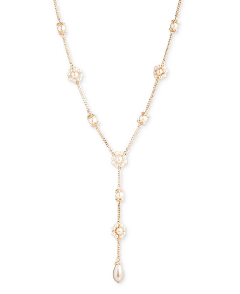 Gold-Tone Pavé & Imitation Pearl Lariat Necklace, 18" + 3" extender