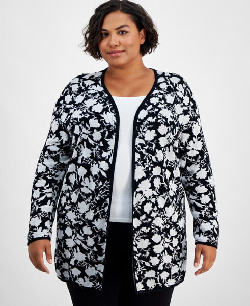 JM Collection Plus Size Botanical-Print Open-Front Cardigan, Created for Macy's