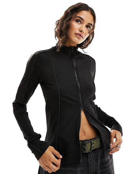 Weekday Lionella long sleeve zip up top with piping detail in black