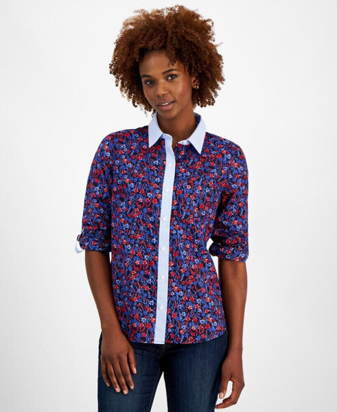 Women's Cotton Floral Roll-Tab Shirt