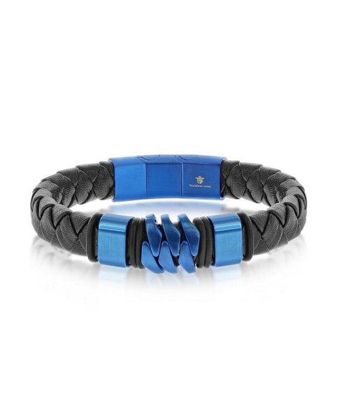 Stainless Steel Genuine Black Leather Bracelet