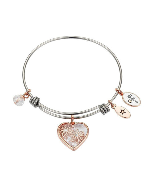 Rose Gold Two-Tone Stainless Steel Crystal "Mother" Heart and Flower Bangle Bracelet