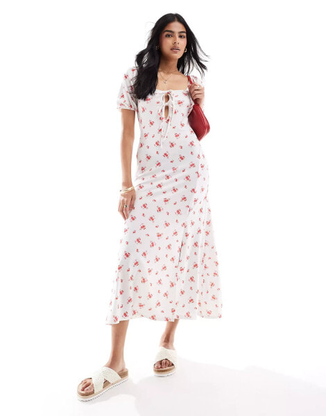 Miss Selfridge tie front maxi dress with puff sleeves in ditsy floral print