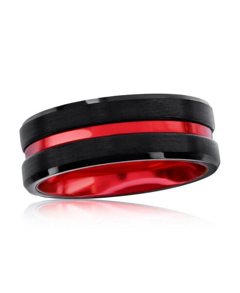 Black & Red Stripe Tungsten Ring - Matte & Polished