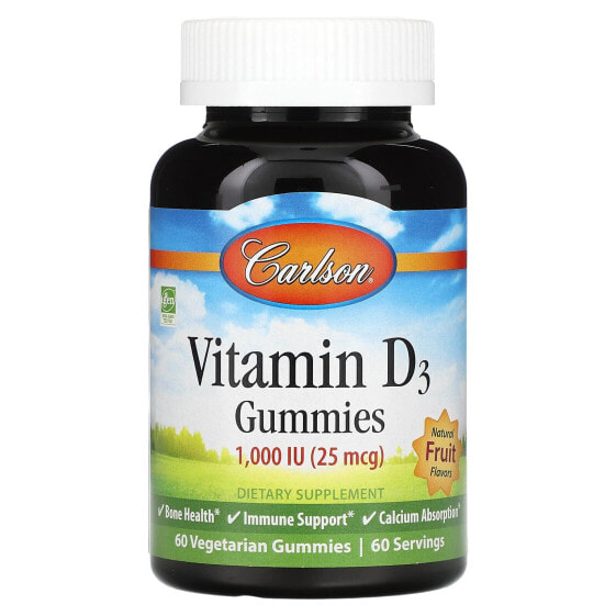 Витамины Carlson Vitamin D3 Gummies, натуральные фруктовые вкусы, 25 мкг (1000 МЕ), 60 жевательных конфет