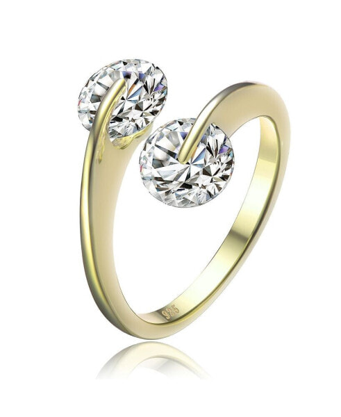 Modern Sterling Silver 14K Gold Plated with Double Clear Cubic Zirconia Bypass Ring