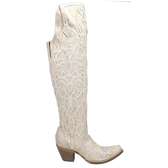 Corral Boots Glitter And TooledInlay Knee High Snip Toe Cowboy Womens White Cas