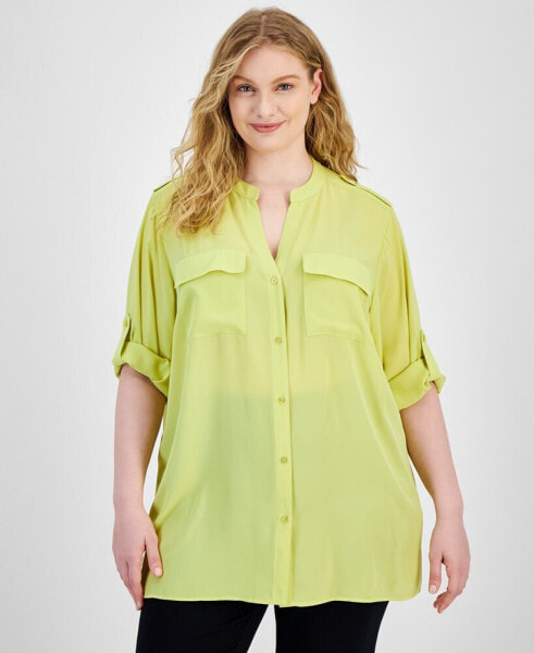 Plus Size Roll-Tab-Sleeve Button-Front Shirt