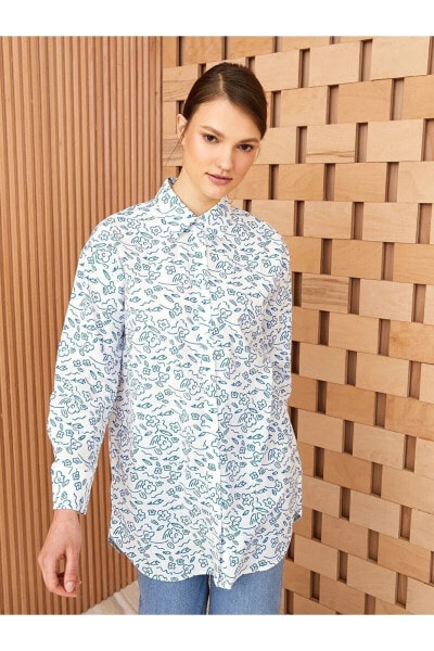 Modest Gömlek Yaka Desenli Uzun Kollu Kadın Poplin Tunik