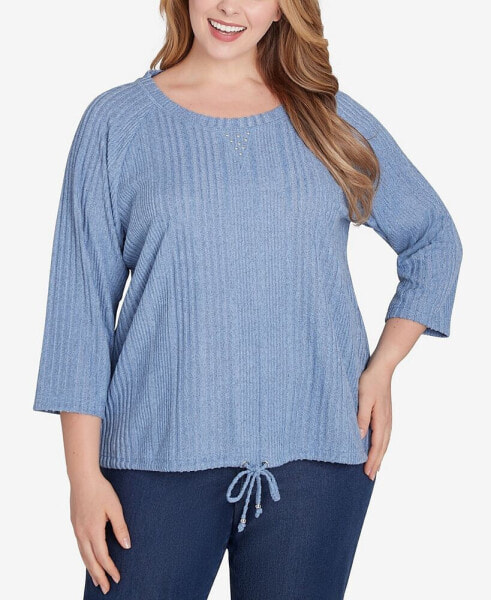 Plus Size Lets Rendez-Blue Solid 3/4 Sleeve Top