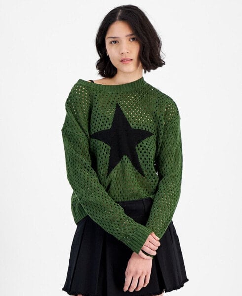 Juniors' Long-Sleeve Mesh Star Sweater