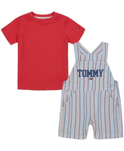 Baby Boys Short Sleeve Solid T-shirt and Oxford Stripe Shortalls Set