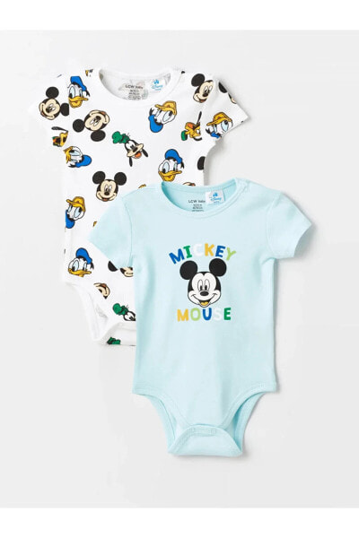 LCW baby Bisiklet Yaka Kısa Kollu Mickey Mouse Baskılı Erkek Bebek Çıtçıtlı Body 2'li