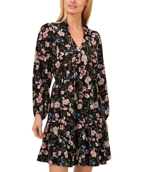 Women's Floral Tie Neck Long Sleeve Baby Doll Tiered Dress