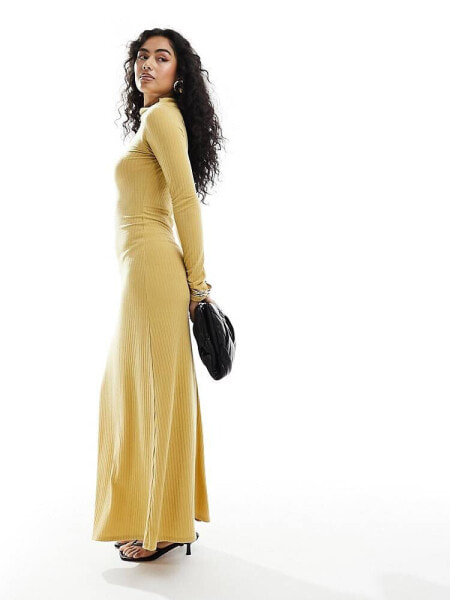 ASOS DESIGN ribbed asymmetric ruched neck maxi dress with long sleeve in yellow