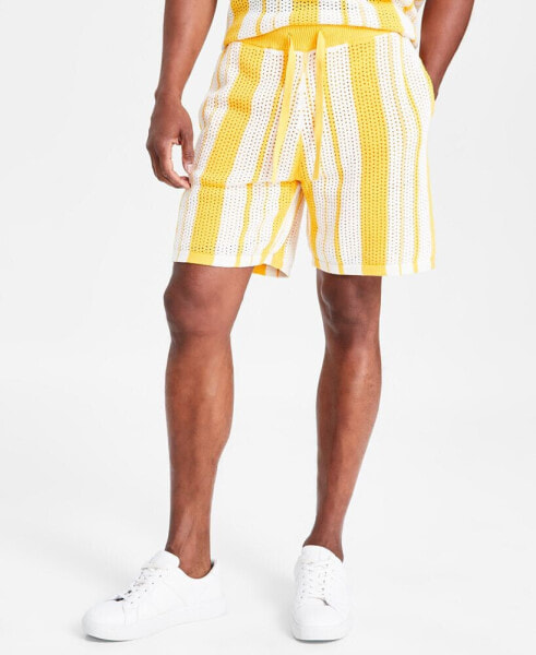 Men's Regular-Fit Crocheted Stripe 7" Drawstring Shorts, Created for Macy's