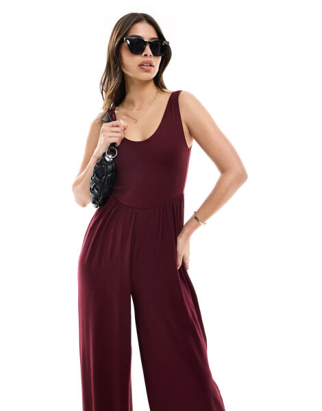 ASOS DESIGN drop waist soft touch jumpsuit in burgundy