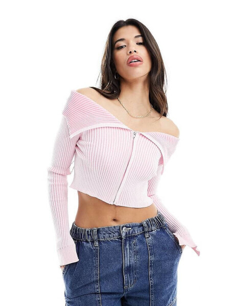 Missyempire knitted rib fold detail zip through top in pink