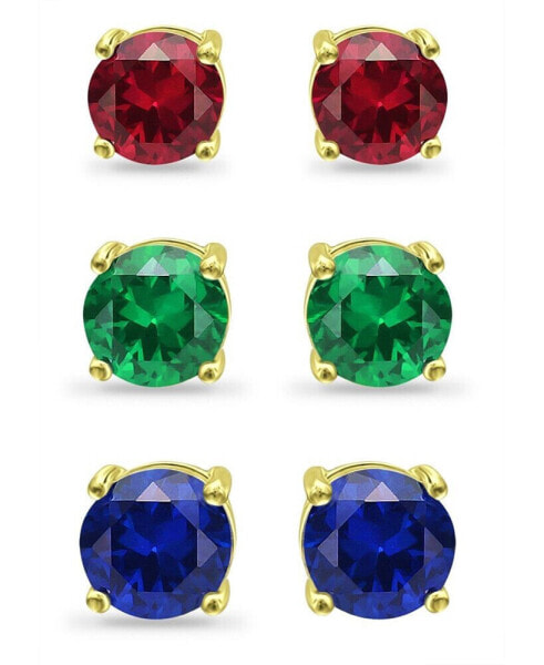 Lab Grown Green Quartz, Lab Grown Ruby and Simulated Blue Sapphire Stud Earring Set, 3 Piece