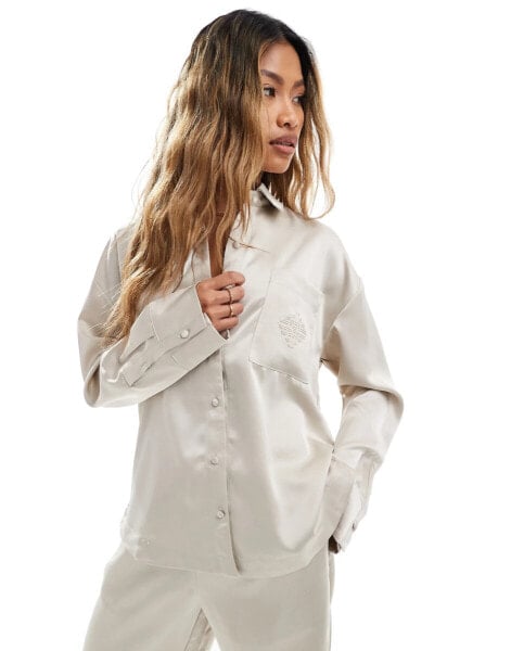 The Couture Club co-ord satin long sleeve shirt in beige