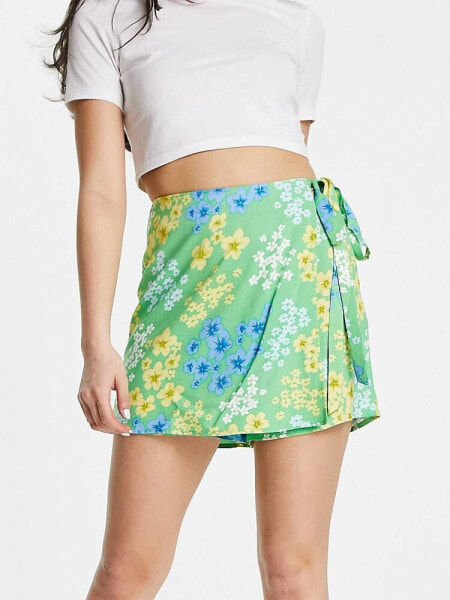 ASOS DESIGN wrap tie skort in green meadow floral print