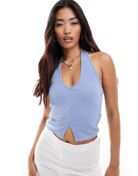 Pull&Bear ribbed halterneck top in baby blue