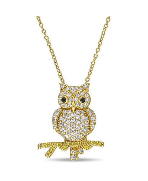 Macy's created White and Yellow Sapphire (1 1/3 ct. t.w.) Black Spinel Accent Owl Necklace in 18k Gold Over Sterling Silver