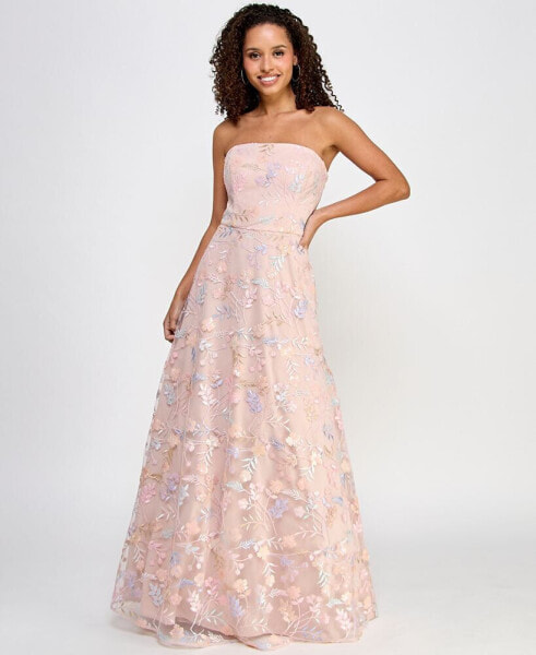 Juniors' Strapless All Over Embroidery and Sequin Gown
