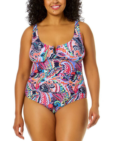 Plus Size Notched Scoop-Neck One-Piece Swimsuit