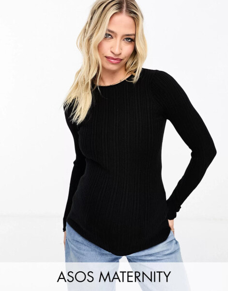 ASOS DESIGN Maternity crew neck ribbed jumper in black