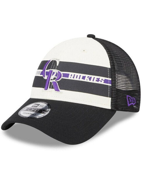 Men's White, Black Colorado Rockies Team Stripe Trucker 9FORTY Snapback Hat