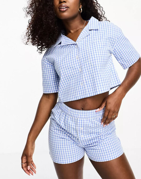 Luna cotton super cropped shirt and boxer short pyjama set in cheescloth check