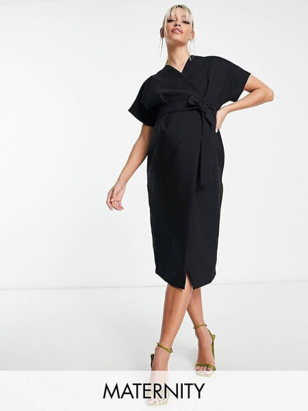 Closet London Maternity kimono wrap midi dress in black