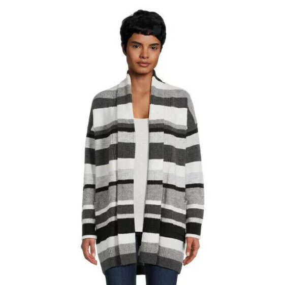 Time and Tru Fuzzy Cardigan Sweater with Pockets Women Large Multi-Color Striped