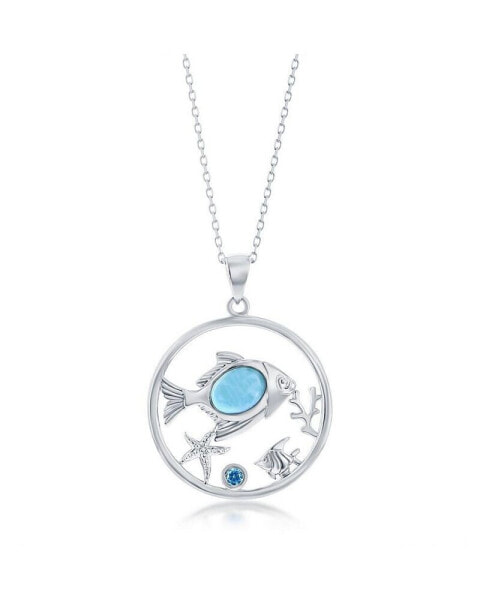 Sterling Silver Larimar Fish w/ Starfish, Coral & Blue CZ Necklace