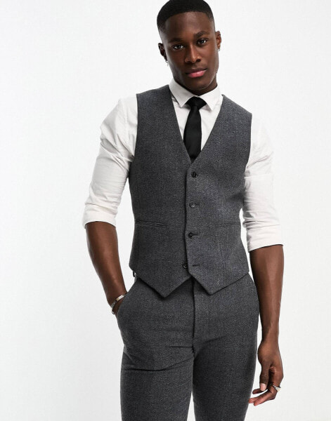 ASOS DESIGN skinny wool mix suit waistcoat in herringbone in charcoal