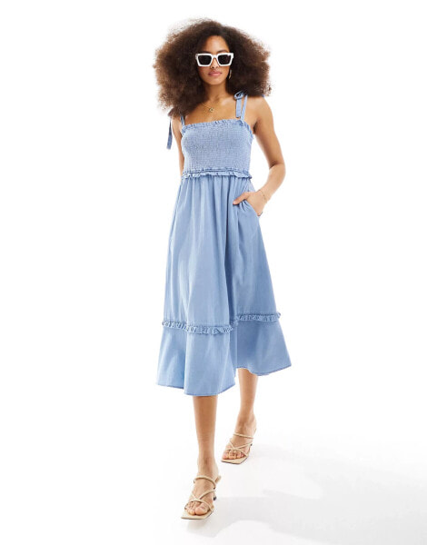 YAS tie shoulder chambray denim midi dress with shirred bust in blue - MBLUE